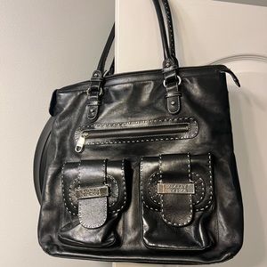 Badgley Mischka black leather tote/shoulder bag with silver tone hardware